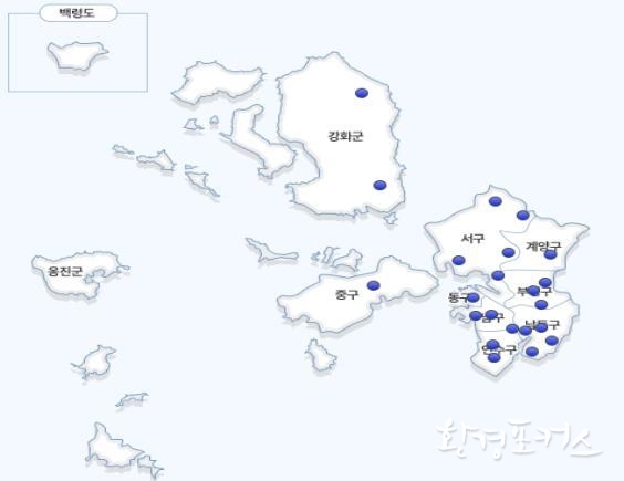 인천광역시 미세먼지 자동측정소 현황(22개소) 출처 : 에어코리아(//www.airkorea.or.kr)