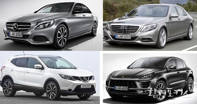 위 좌로부터 C200d (FMY-MK-14-15, GMY-MK-14-2)/ S350 BlueTEC L (DMY-MK-12-13)/ 캐시카이 EMY-NK-14-5)/ 마칸S 디젤 (EMY-SG-14-5)