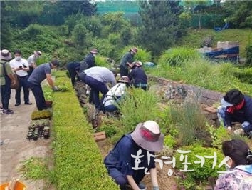시민정원사 심화과정 교육생들이 암석정원을 조성하고 있다.