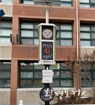 ▲ 미세먼지 알리미 신호등(상단 태양광 패널, 농도 표출, 하단 미세먼지 간이측정기로 구성)