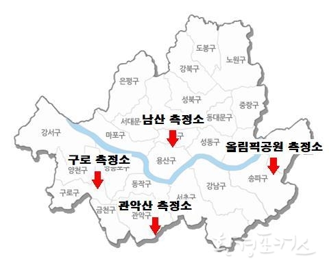서울시 온실가스 측정망 위치 (2023년 2월 기준)